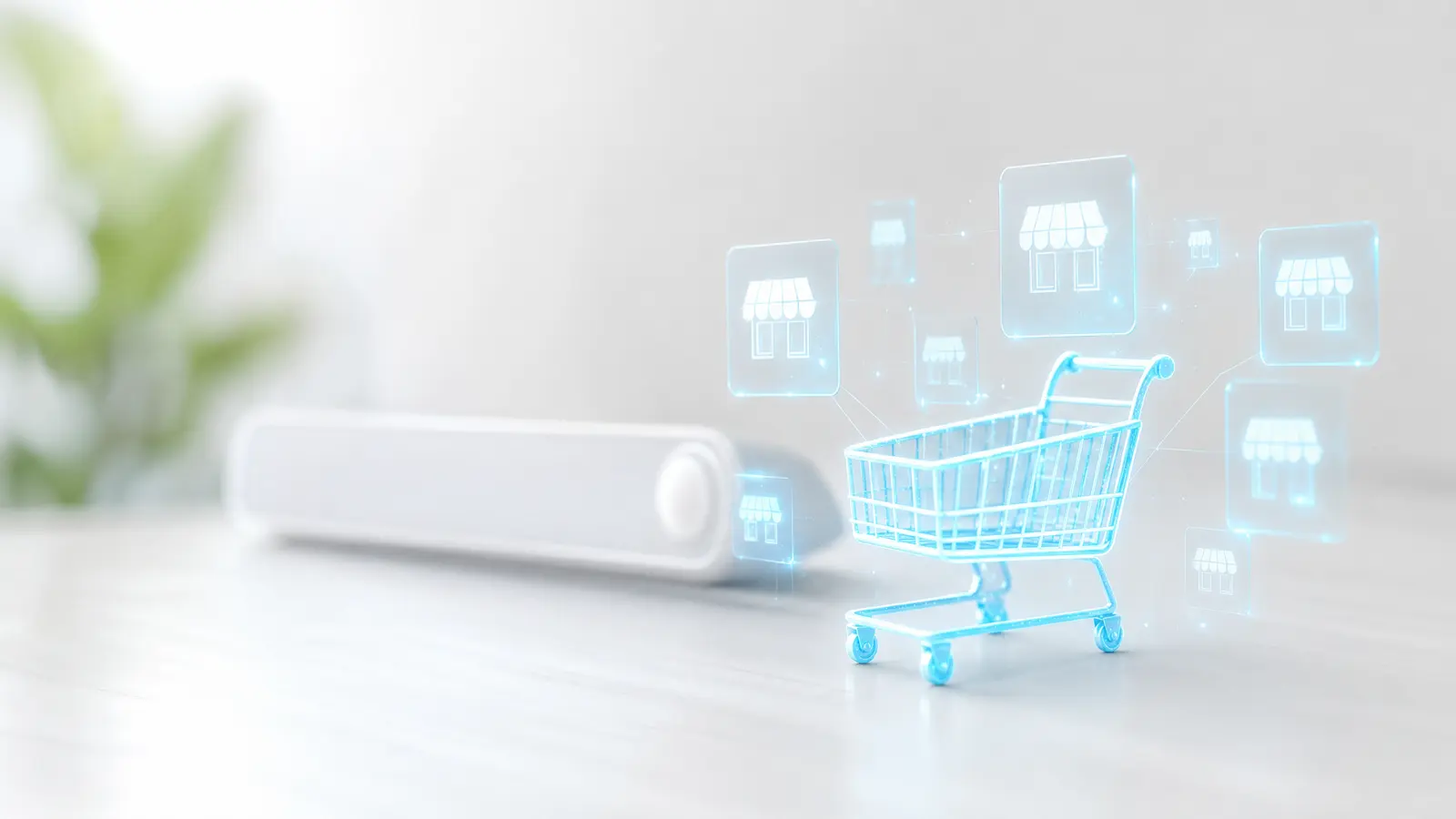 A glowing digital shopping cart with online store icons and a search bar.