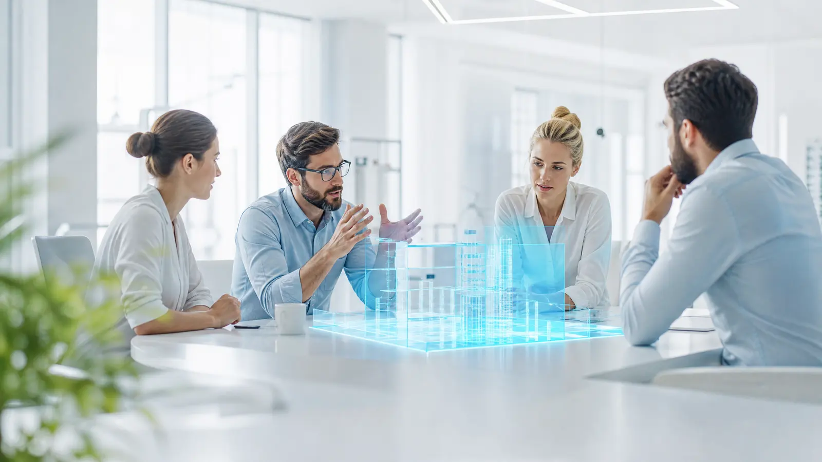 Engineers in a dark office with glowing cyan screens, symbolizing a tech team transition.