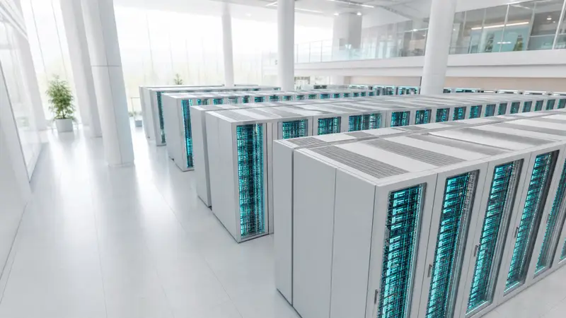Rows of advanced AI servers in a bright data center, lit with cyan lighting.