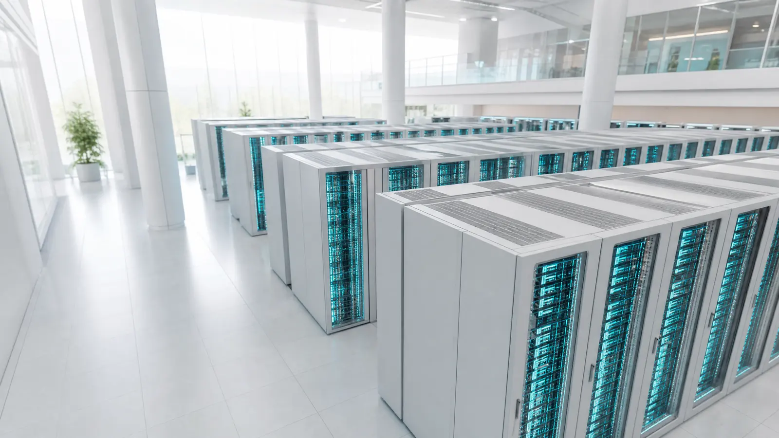 Rows of advanced AI servers in a bright data center, lit with cyan lighting.
