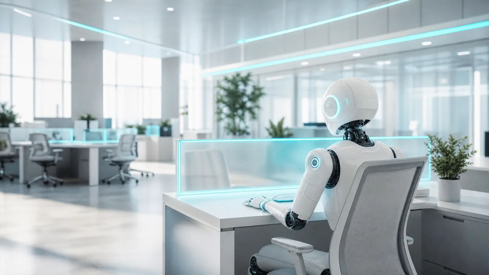 A bright, modern government office with glowing cyan accents and visible AI interfaces.