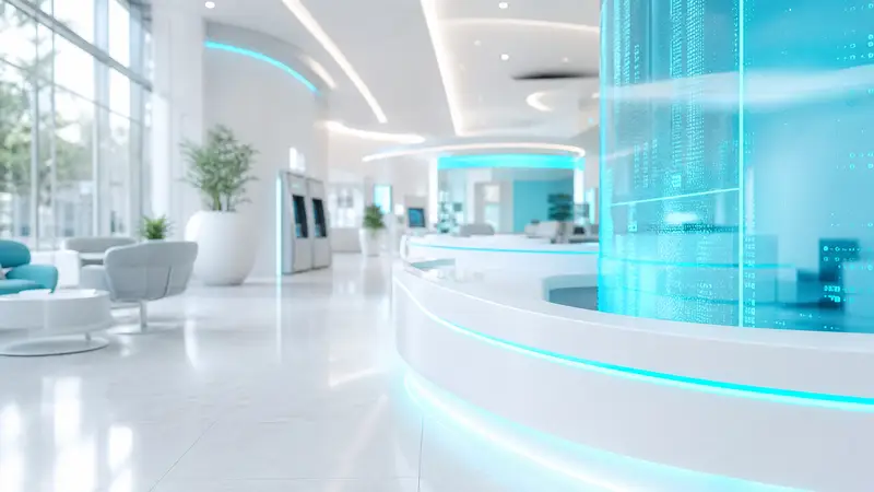 A high-tech Brazilian bank branch at night with digital AI interfaces.