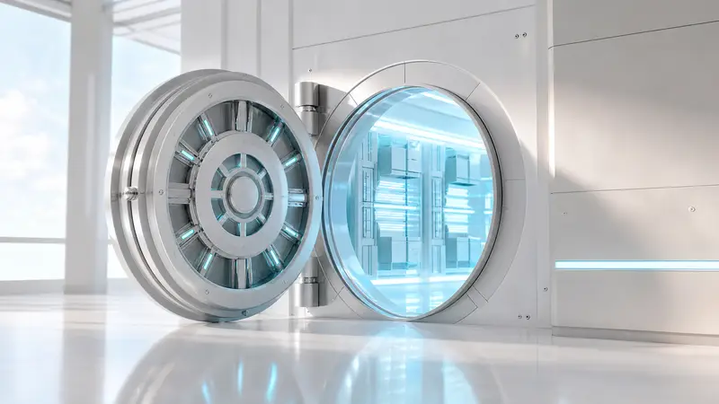A futuristic bank vault interior lit with cyan light, suggesting AI technology.