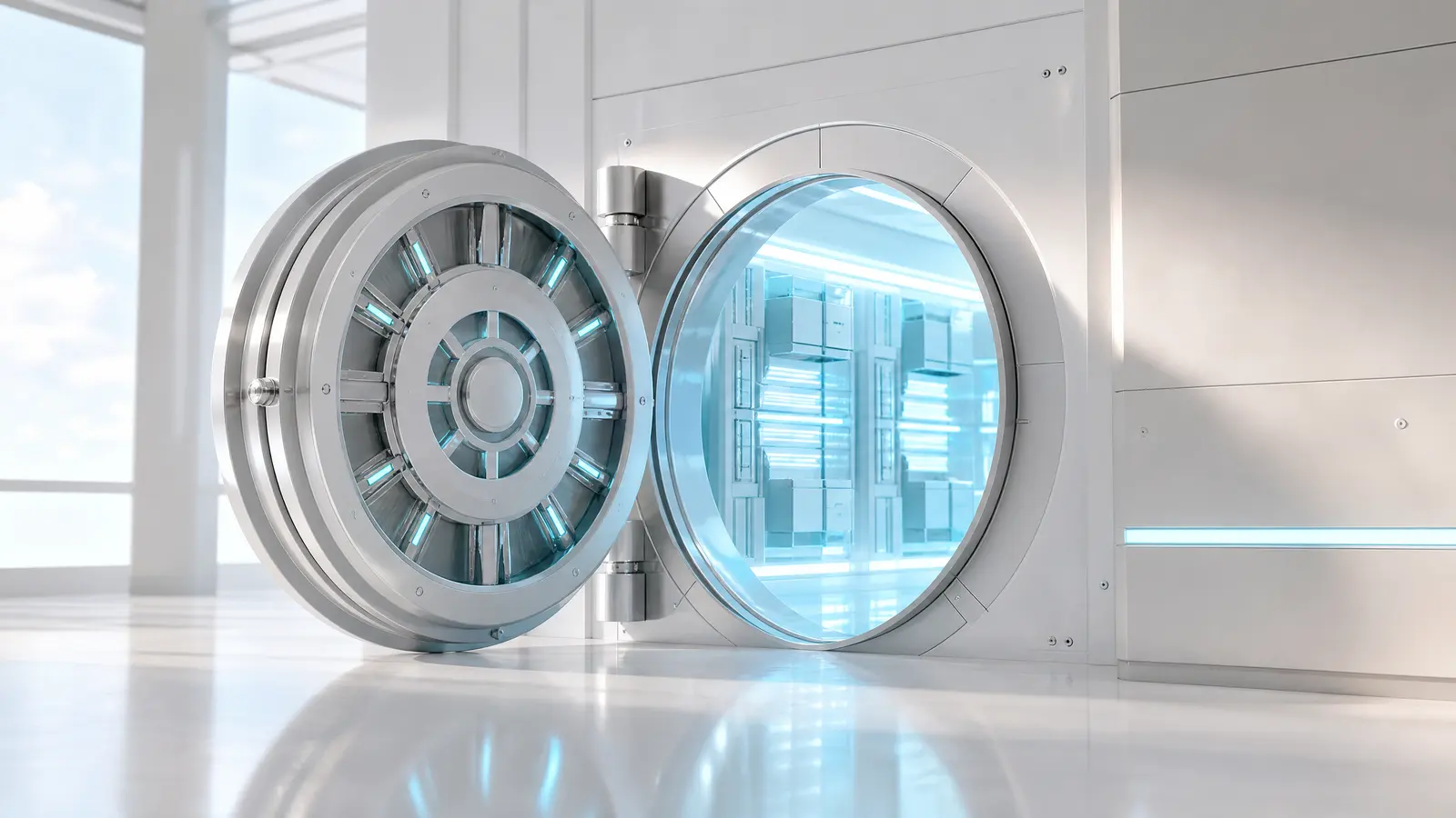 A futuristic bank vault interior lit with cyan light, suggesting AI technology.