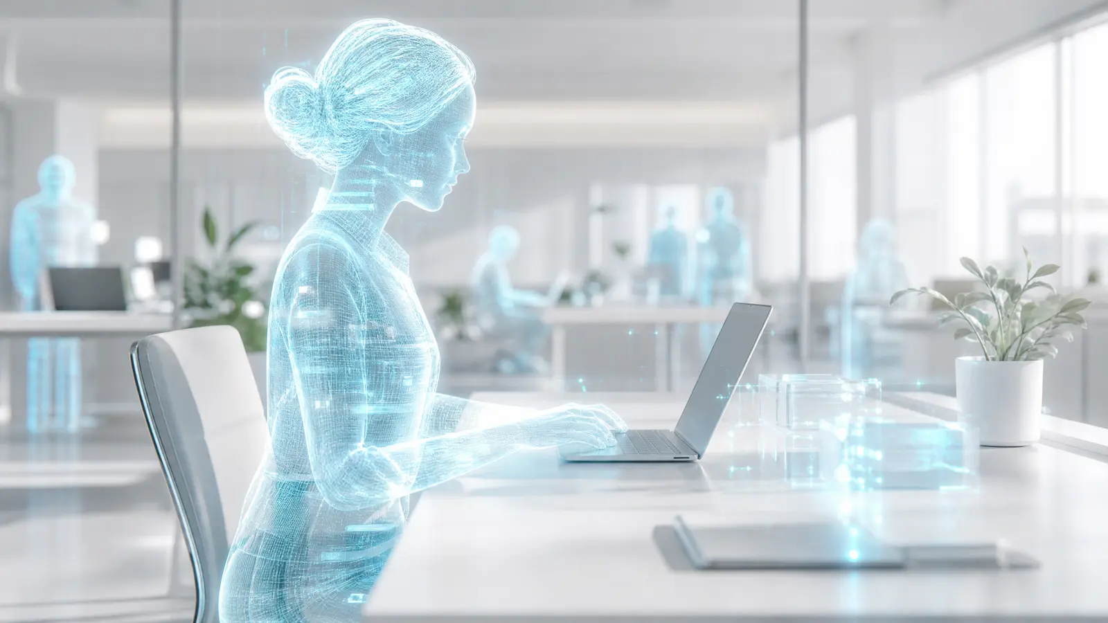 Modern office with translucent AI avatars and cyan digital effects.