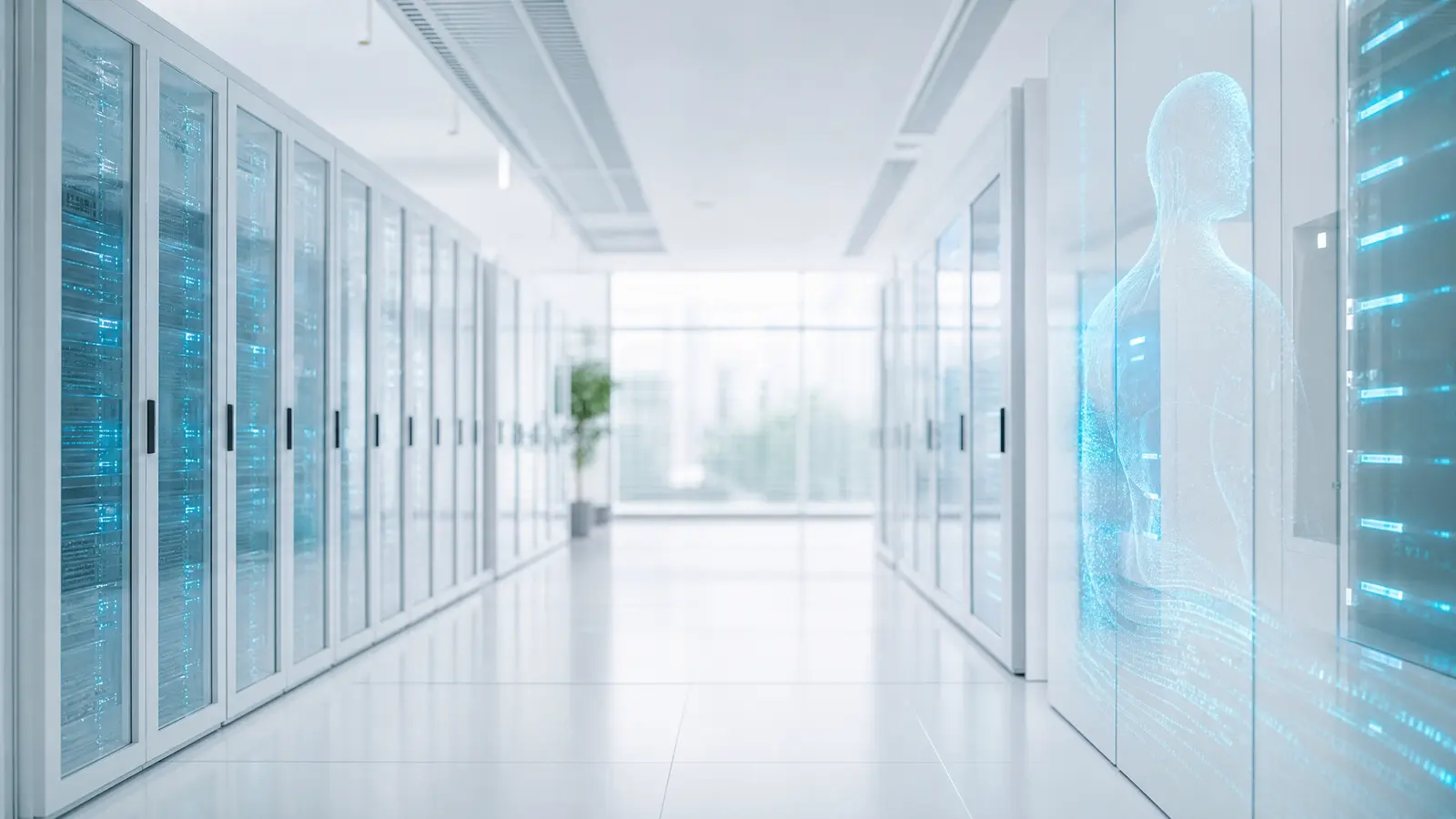 A futuristic data center with cyan lighting and a digital human outline.