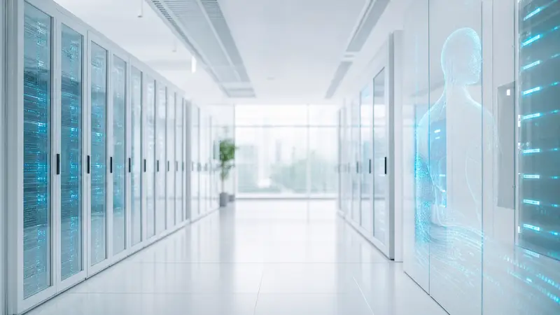 A futuristic data center with cyan lighting and a digital human outline.