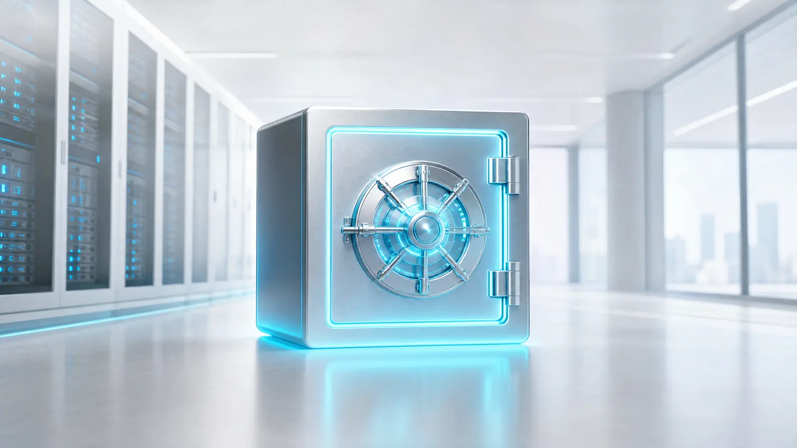 A glowing digital vault surrounded by cyan light in a high-tech server room.