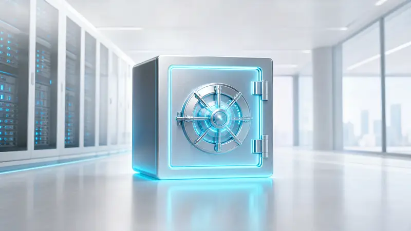 A glowing digital vault surrounded by cyan light in a high-tech server room.