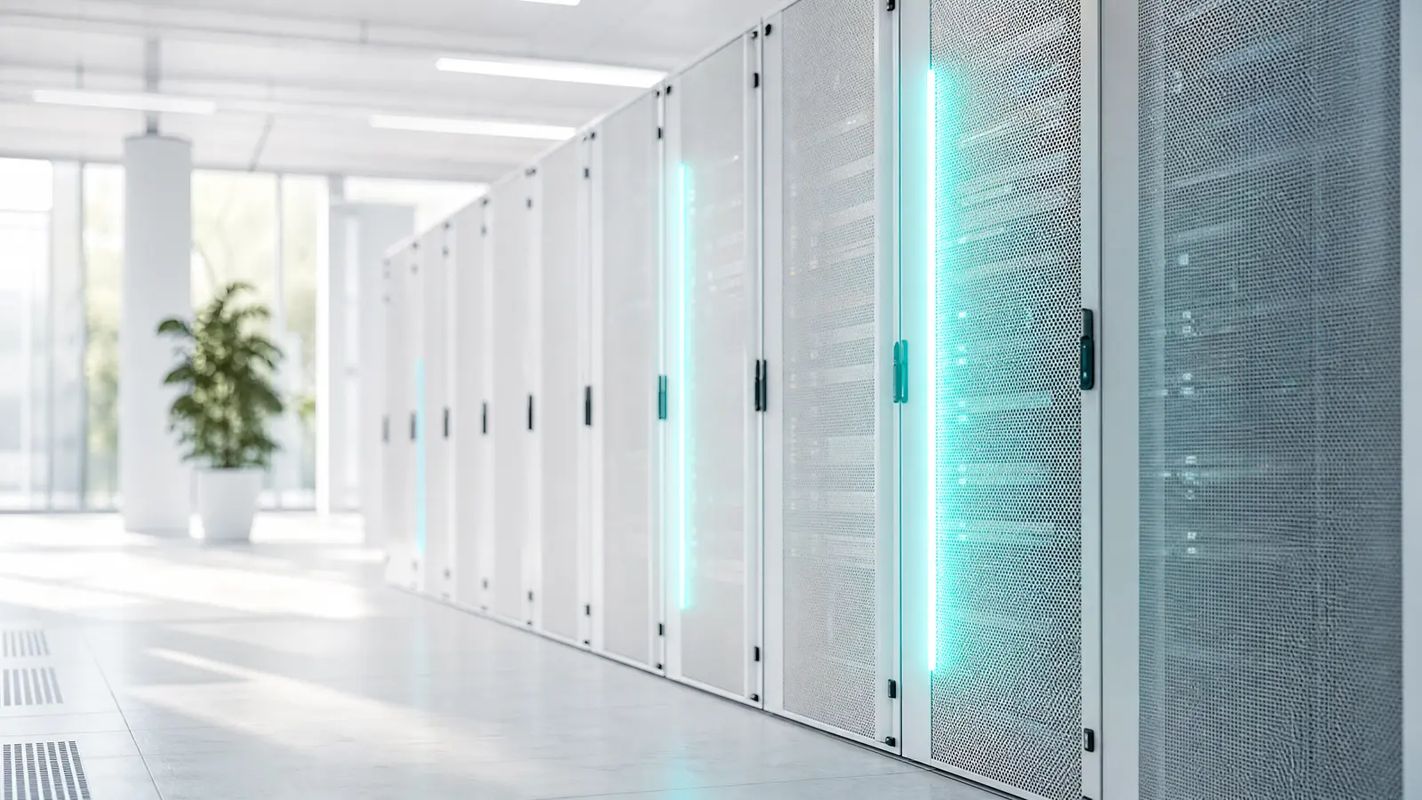 Server racks in a dark room with shifting cyan accent lights.