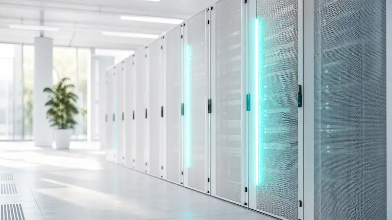 Server racks in a dark room with shifting cyan accent lights.