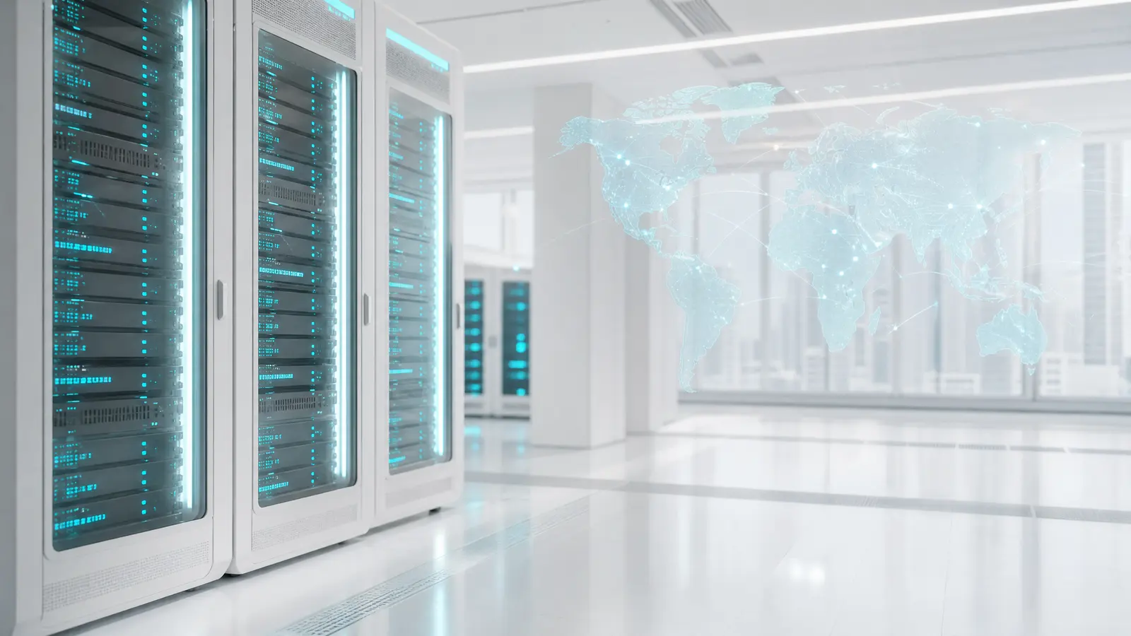 A high-tech server room with cyan lighting and a world map overlay.