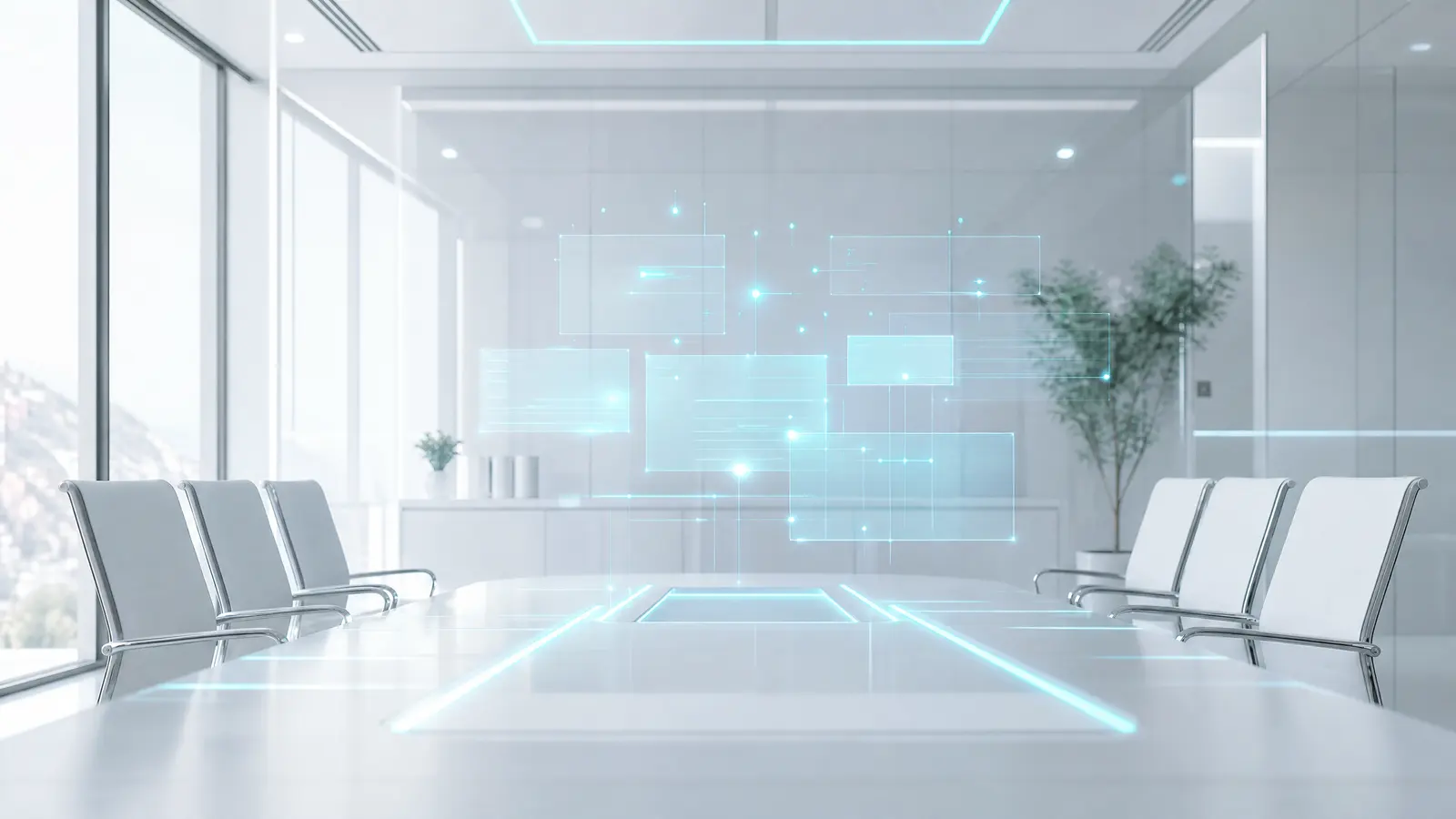 A futuristic conference room with digital meeting notes floating above a table.