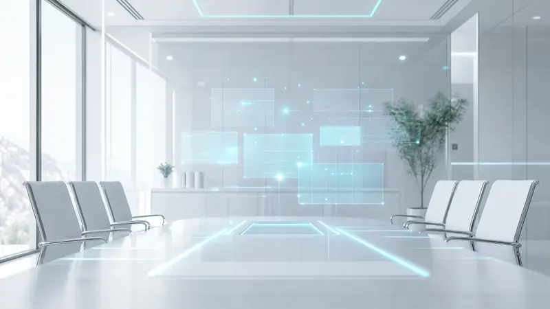A futuristic conference room with digital meeting notes floating above a table.