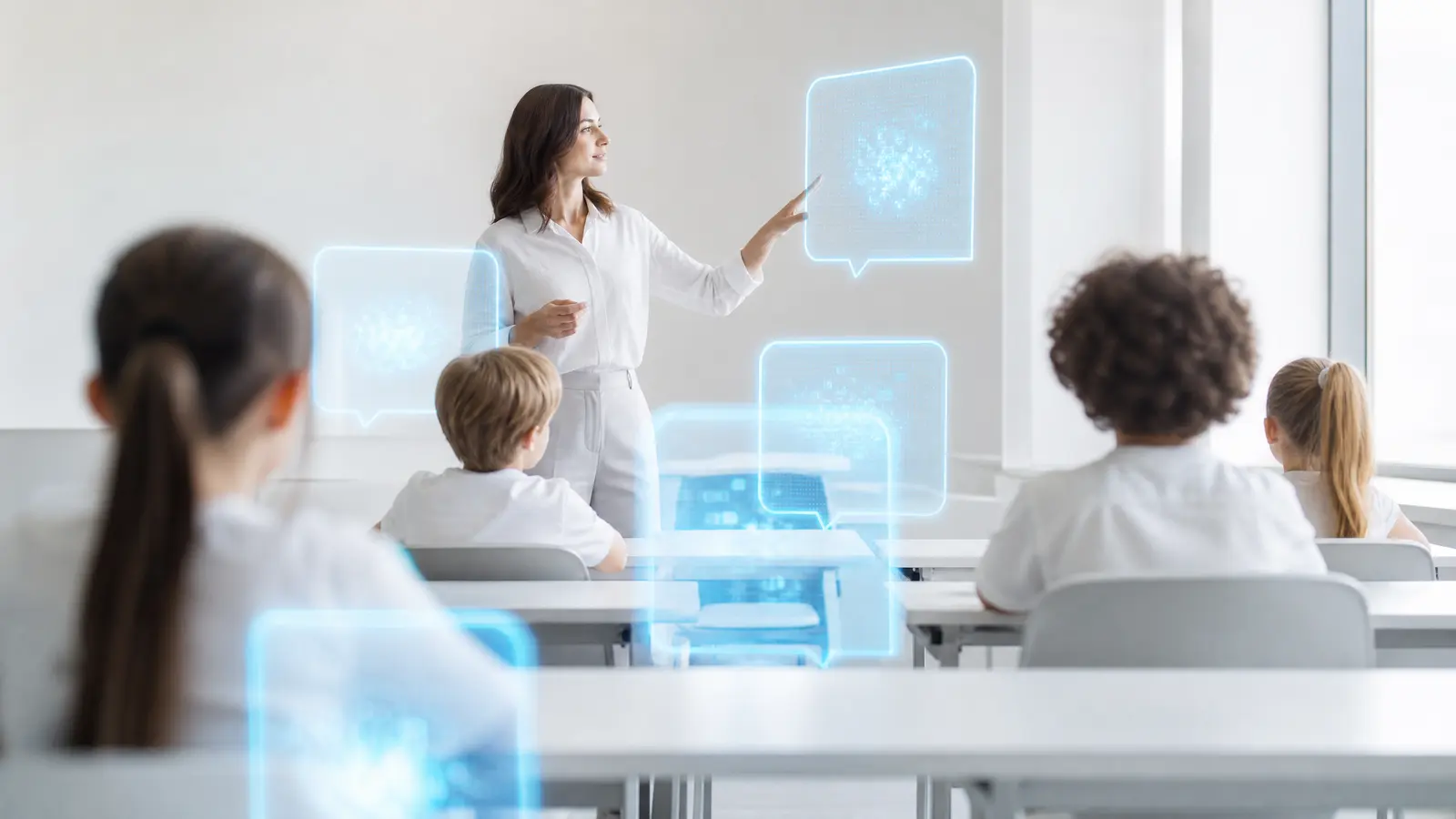 A modern classroom with blue AI holograms and a teacher using virtual question prompts.