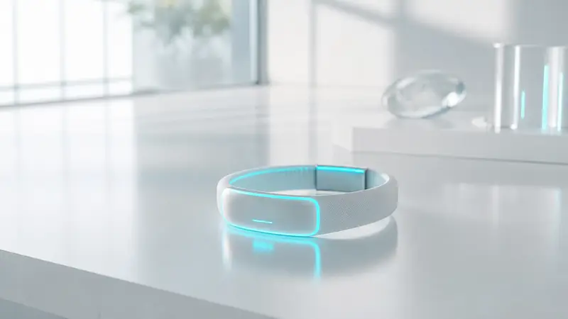 A glowing high-tech wearable device on a table with digital effects.
