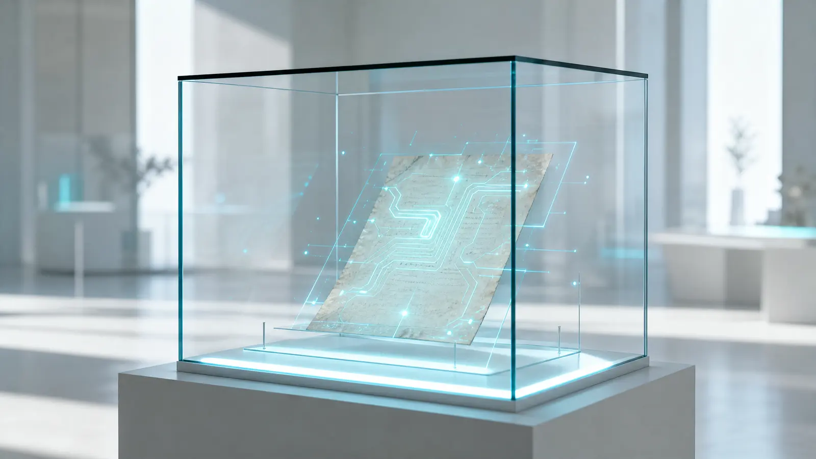A glowing document in a high-tech display case with cyan lighting.