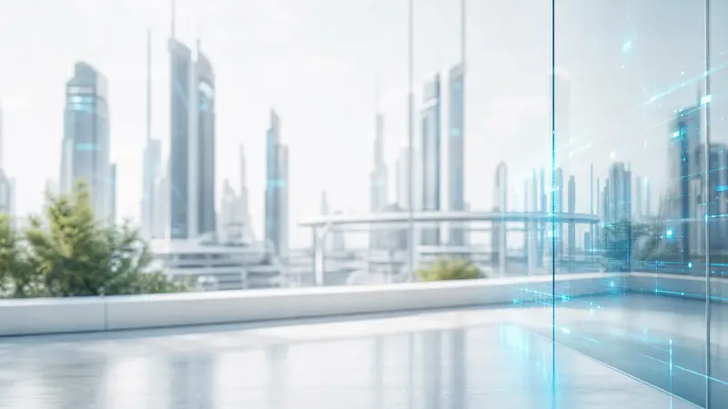 A bright, futuristic cityscape with digital layers and cyan light