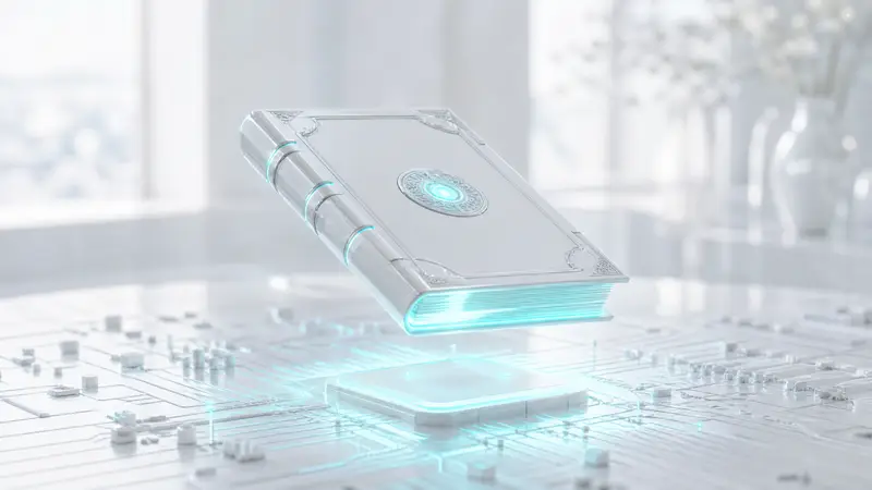 A glowing codex hovering above a circuit board with cyan light.