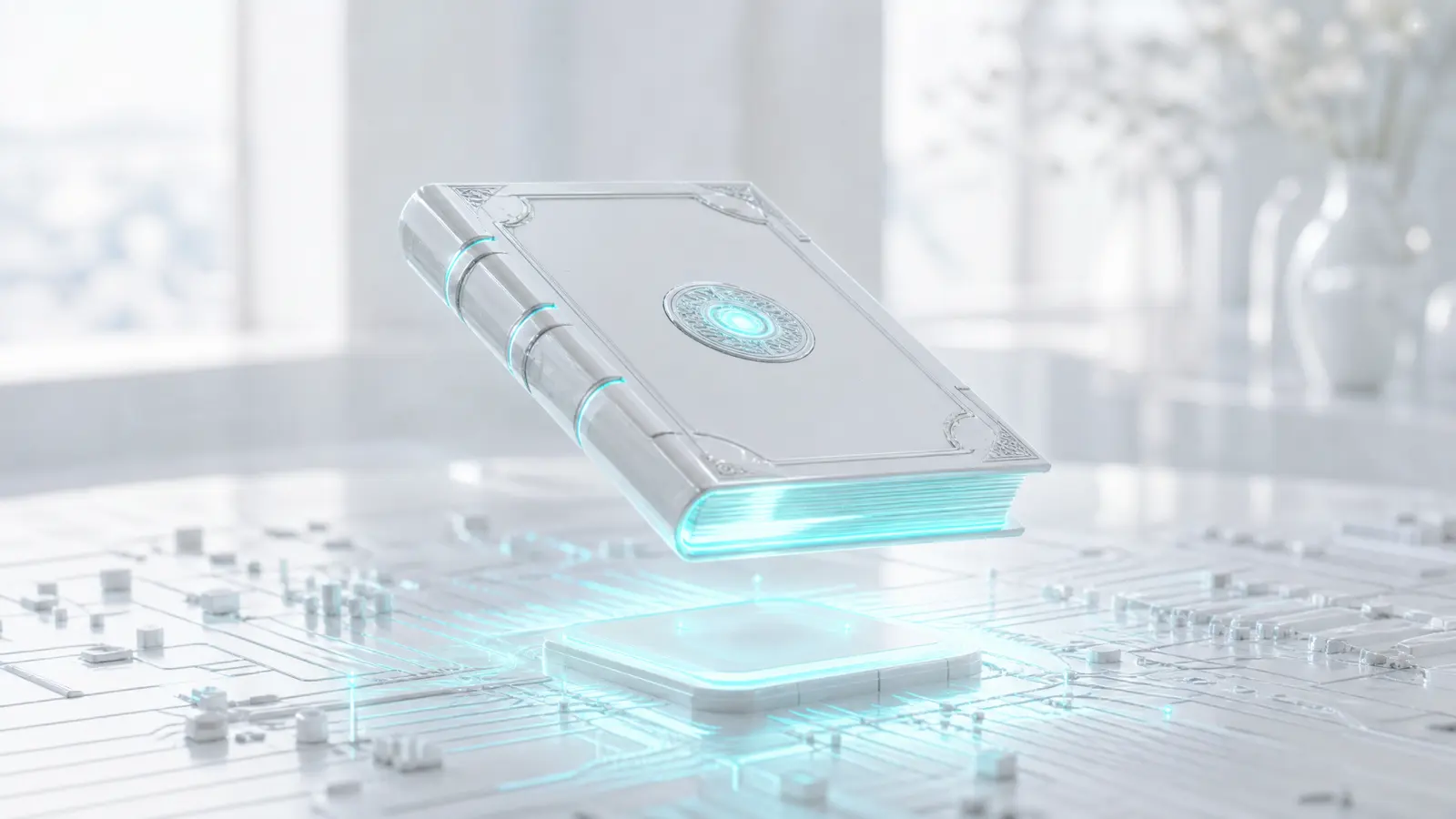 A glowing codex hovering above a circuit board with cyan light.