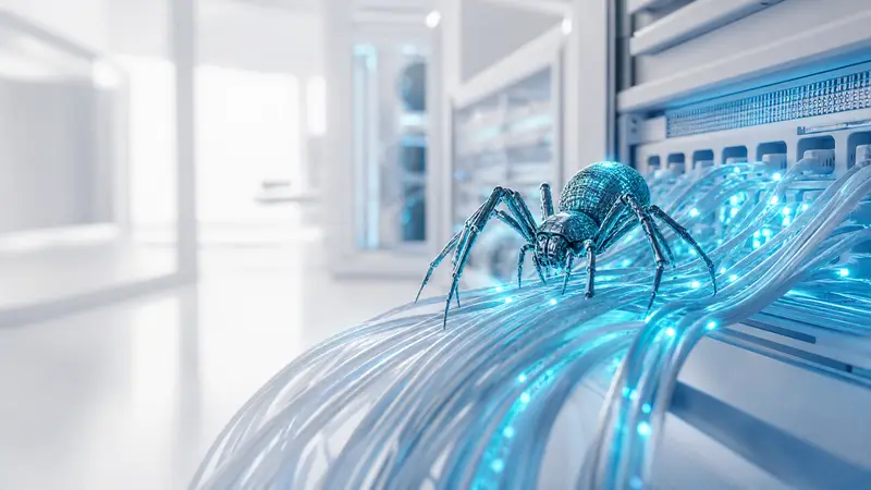 A dark server room with a digital spider on glowing cyan wires.