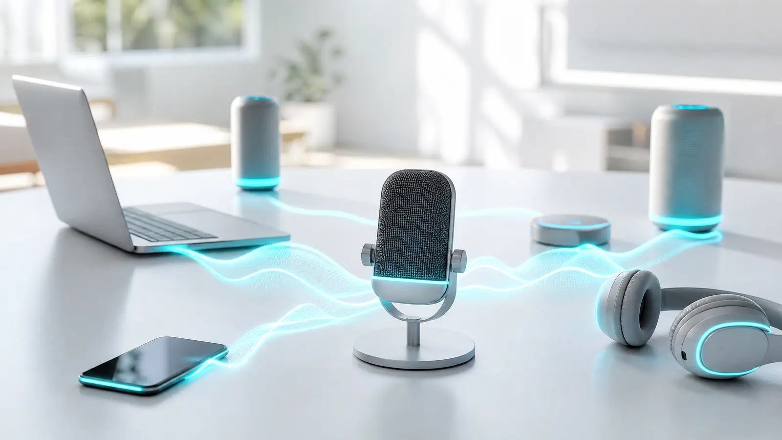 Cyan sound waves connect microphones and devices in a bright modern workspace.