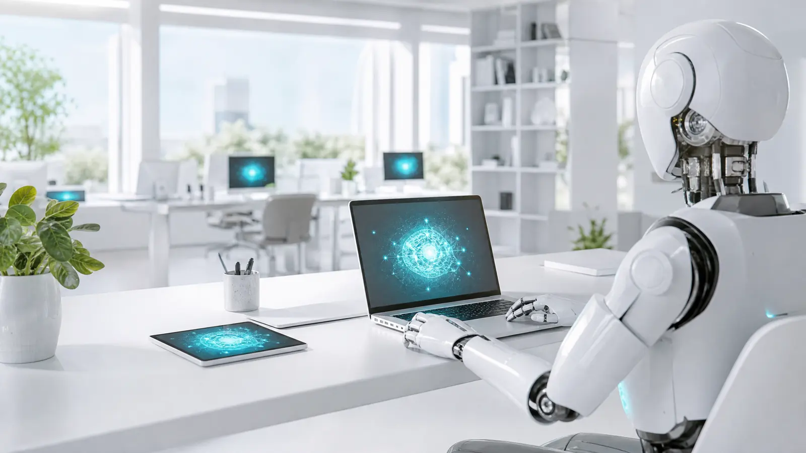 A modern open-plan office with digital AI interfaces glowing in cyan on laptops.