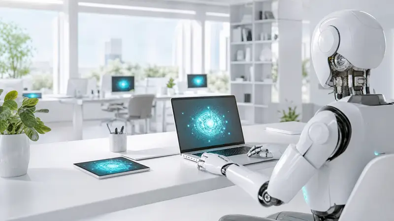 A modern open-plan office with digital AI interfaces glowing in cyan on laptops.
