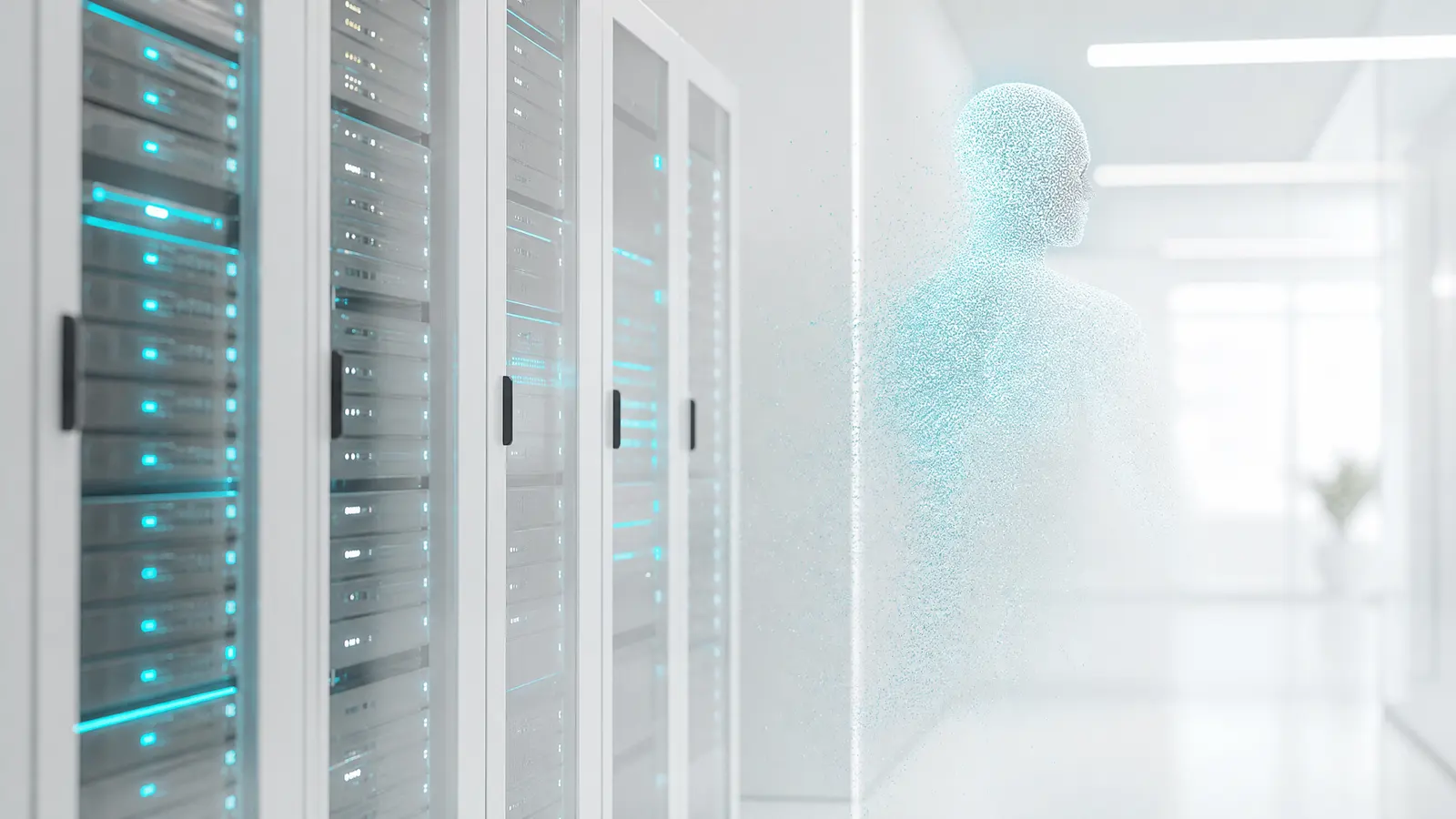 A futuristic server room with cyan lighting and a digital avatar silhouette.