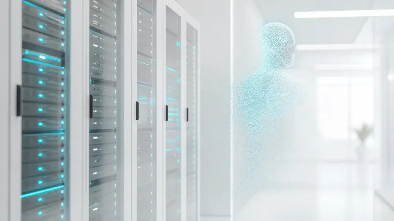 A futuristic server room with cyan lighting and a digital avatar silhouette.