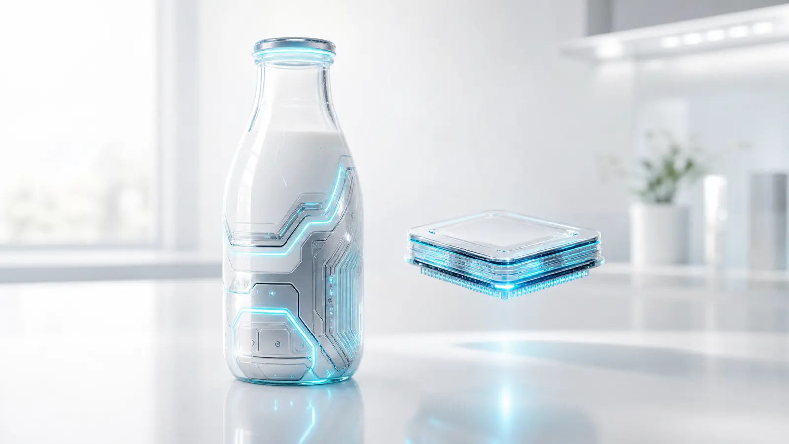A metallic, high-tech milk bottle with glowing circuits next to a futuristic AI server chip, both on a bright white background.