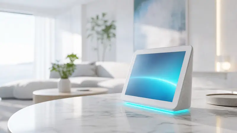 Apple HomeView smart display on a table with blue accent light in a dark room.