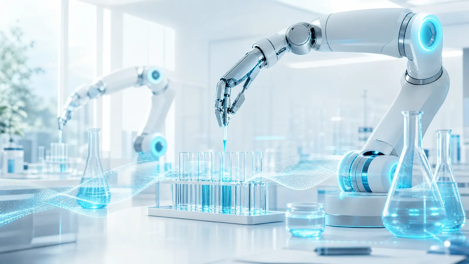 A high-tech lab with robotic arms and digital overlays in cyan light.
