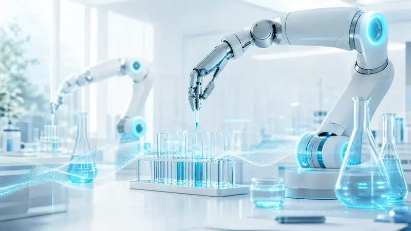 A high-tech lab with robotic arms and digital overlays in cyan light.