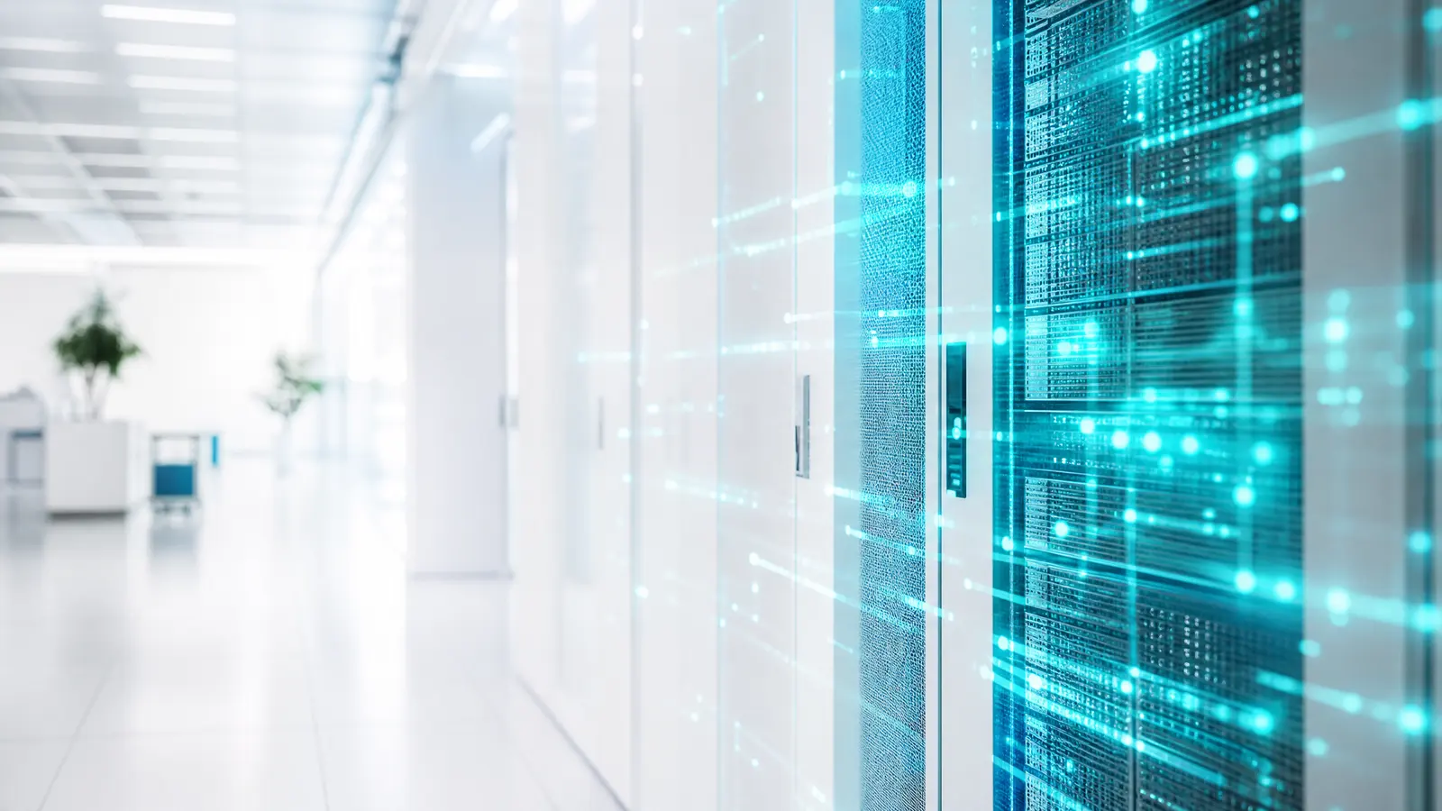A server rack glowing cyan, with digital code overlays