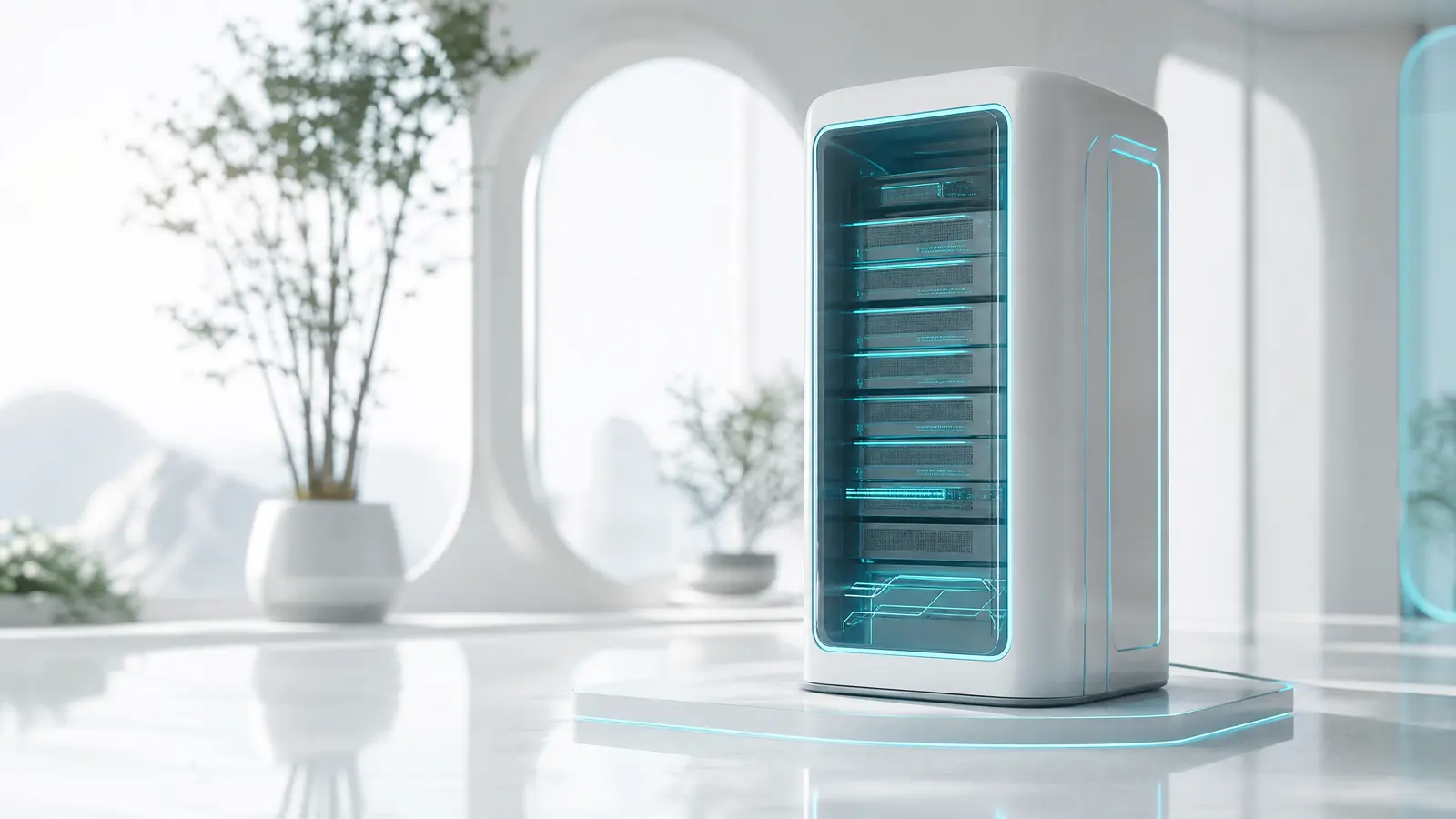 A futuristic AI protocol server glowing with cyan lines