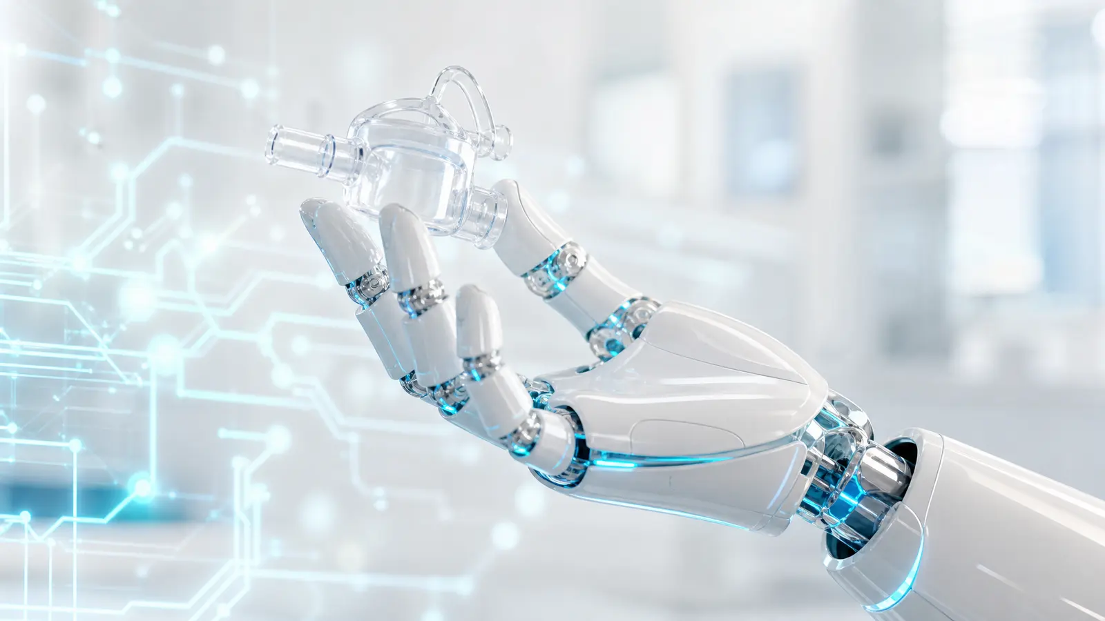 Robotic hand holding medical device with digital circuits on white background