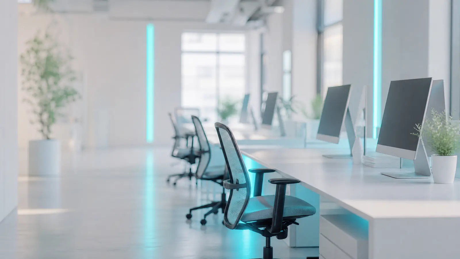 Empty office desks with glowing screens and cyan lighting.