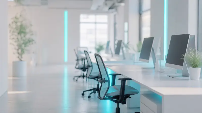 Empty office desks with glowing screens and cyan lighting.