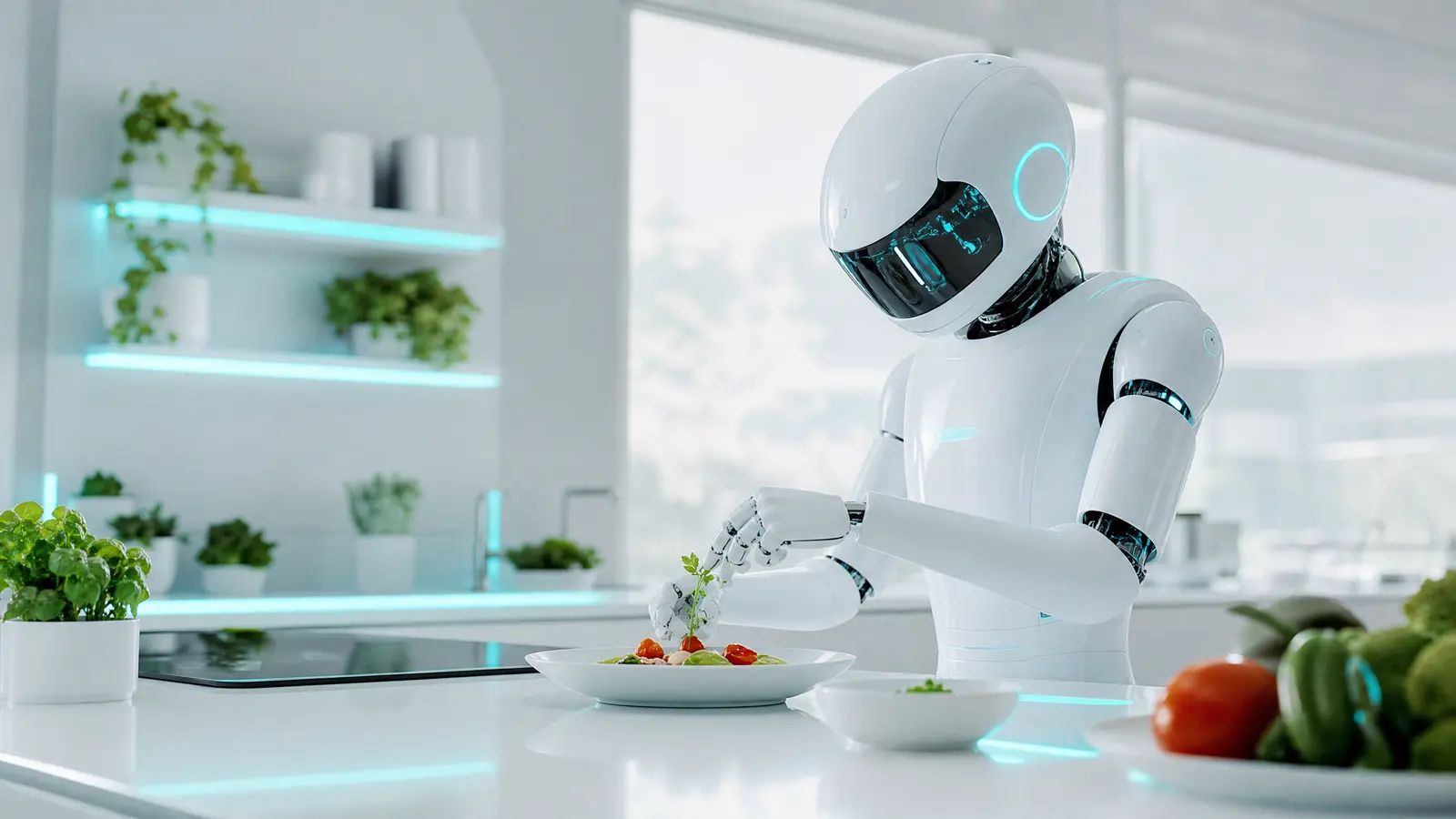 A futuristic kitchen with an AI-powered cooking assistant, bright and airy with cyan highlights.