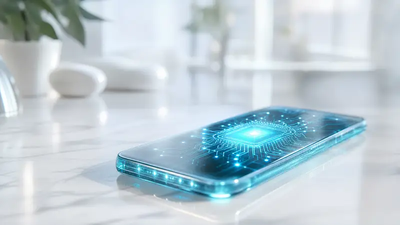 A smartphone glowing with cyan light, symbolizing on-device AI processing.