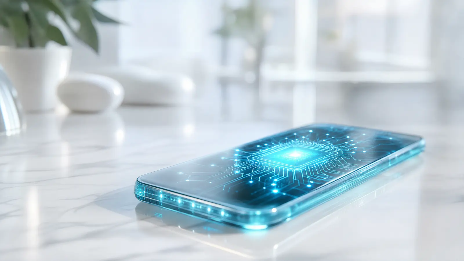 A smartphone glowing with cyan light, symbolizing on-device AI processing.