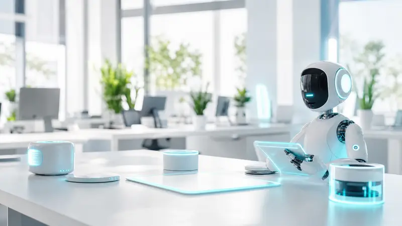 A dark modern office with glowing cyan AI devices on desks.