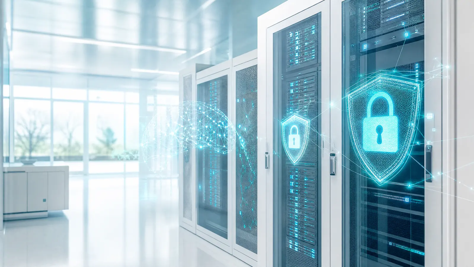 A futuristic server room with cyan lights and digital security locks.