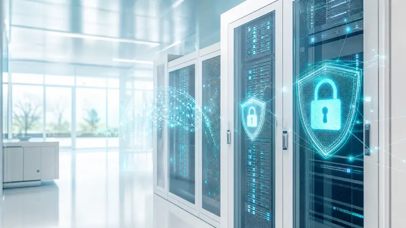 A futuristic server room with cyan lights and digital security locks.