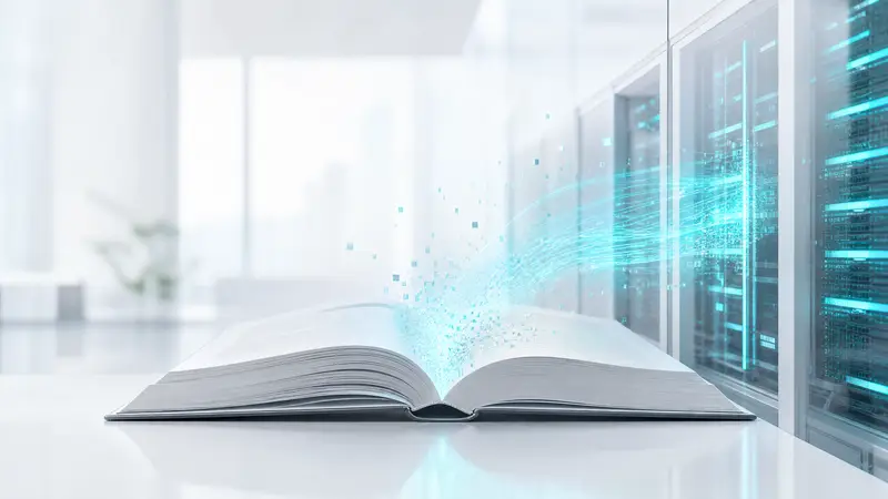 A server room with cyan lights and a glowing book dissolving into digital code.