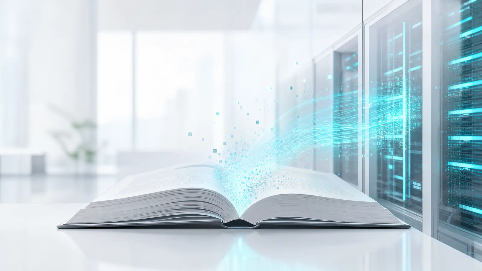 A server room with cyan lights and a glowing book dissolving into digital code.