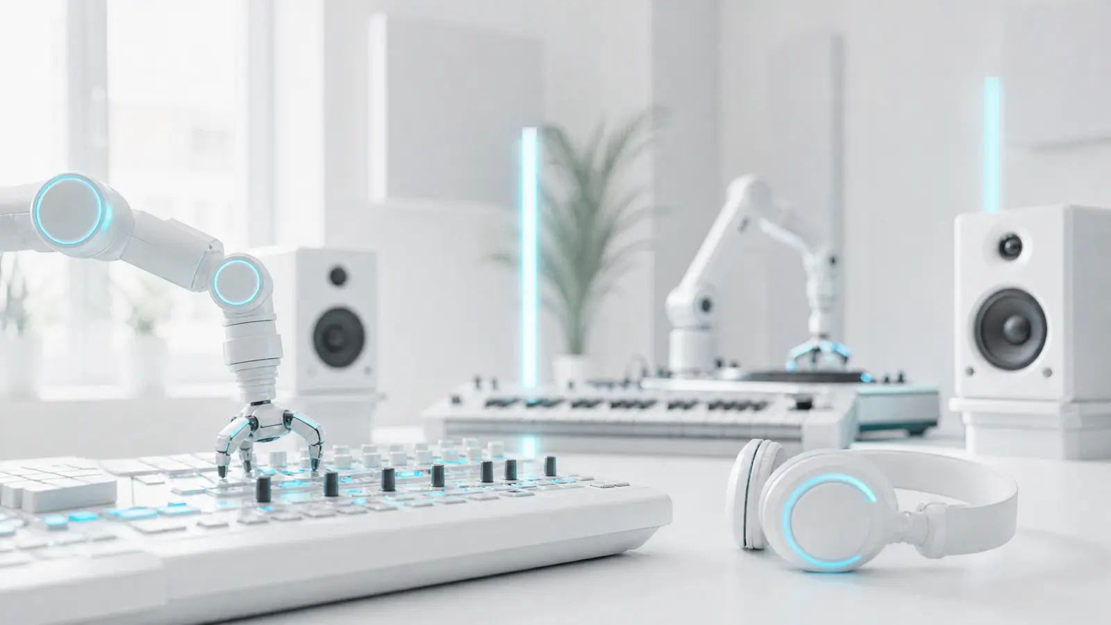 A futuristic music studio with digital displays and robotic arms.