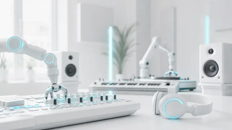 A futuristic music studio with digital displays and robotic arms.