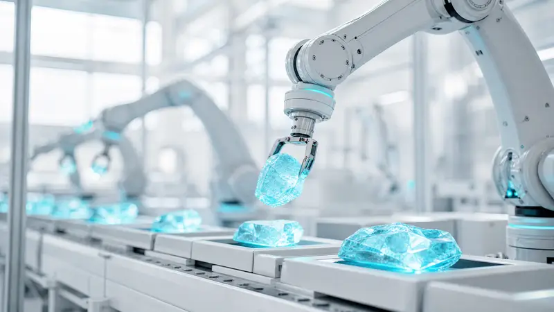 Industrial facility with robotic arms processing materials under cyan lighting.